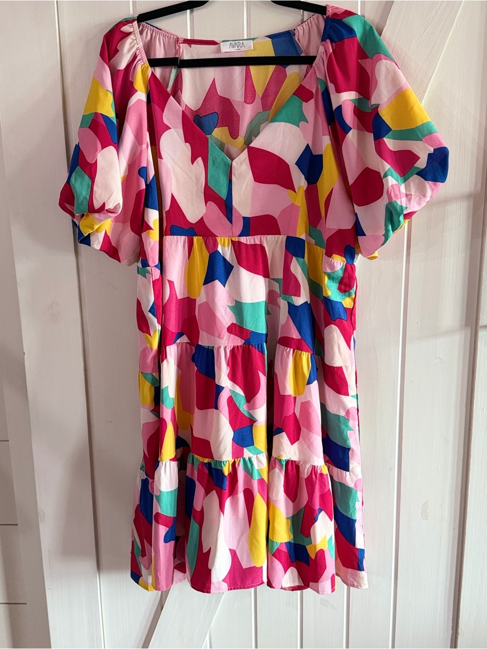 Abstract Multicolor Tiered Mini Dress in Pink - NOBRA